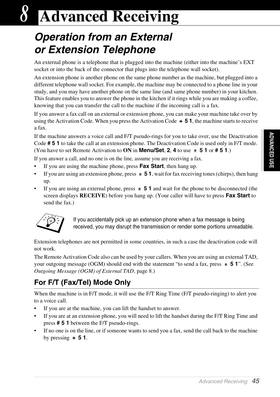 8 advanced receiving, Operation from an external or extension telephone, For f/t (fax/tel) mode only | Chapter 8, Advanced receiving | Brother 1030e User Manual | Page 51 / 108