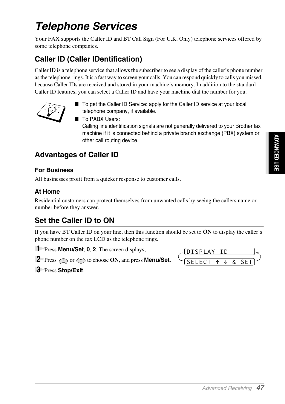 Telephone services, Caller id (caller identification), Advantages of caller id | For business, At home, Set the caller id to on | Brother 1030e User Manual | Page 53 / 108