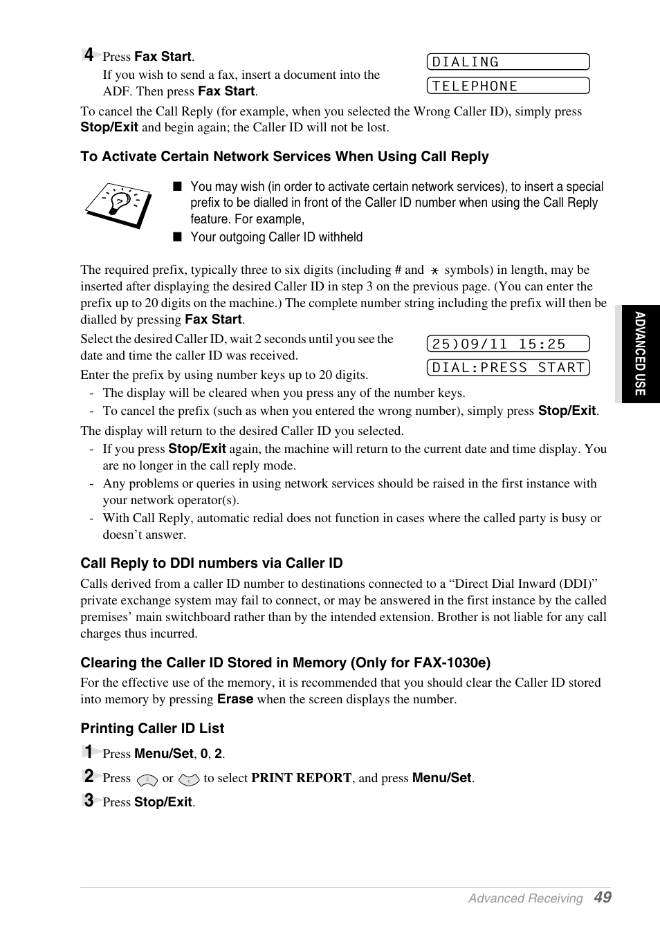 Call reply to ddi numbers via caller id, Printing caller id list | Brother 1030e User Manual | Page 55 / 108