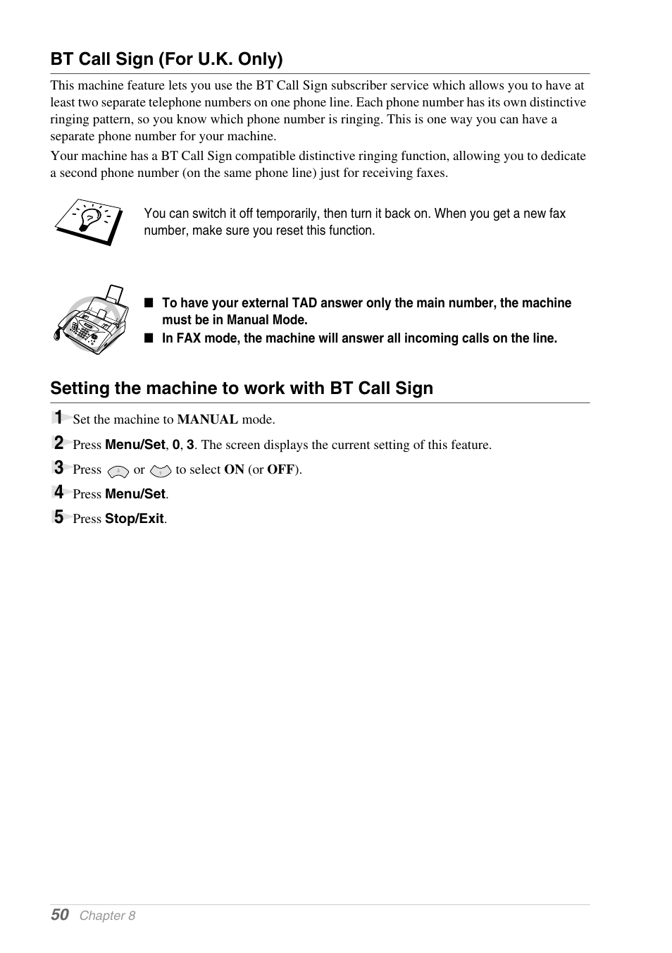 Bt call sign (for u.k. only), Setting the machine to work with bt call sign | Brother 1030e User Manual | Page 56 / 108