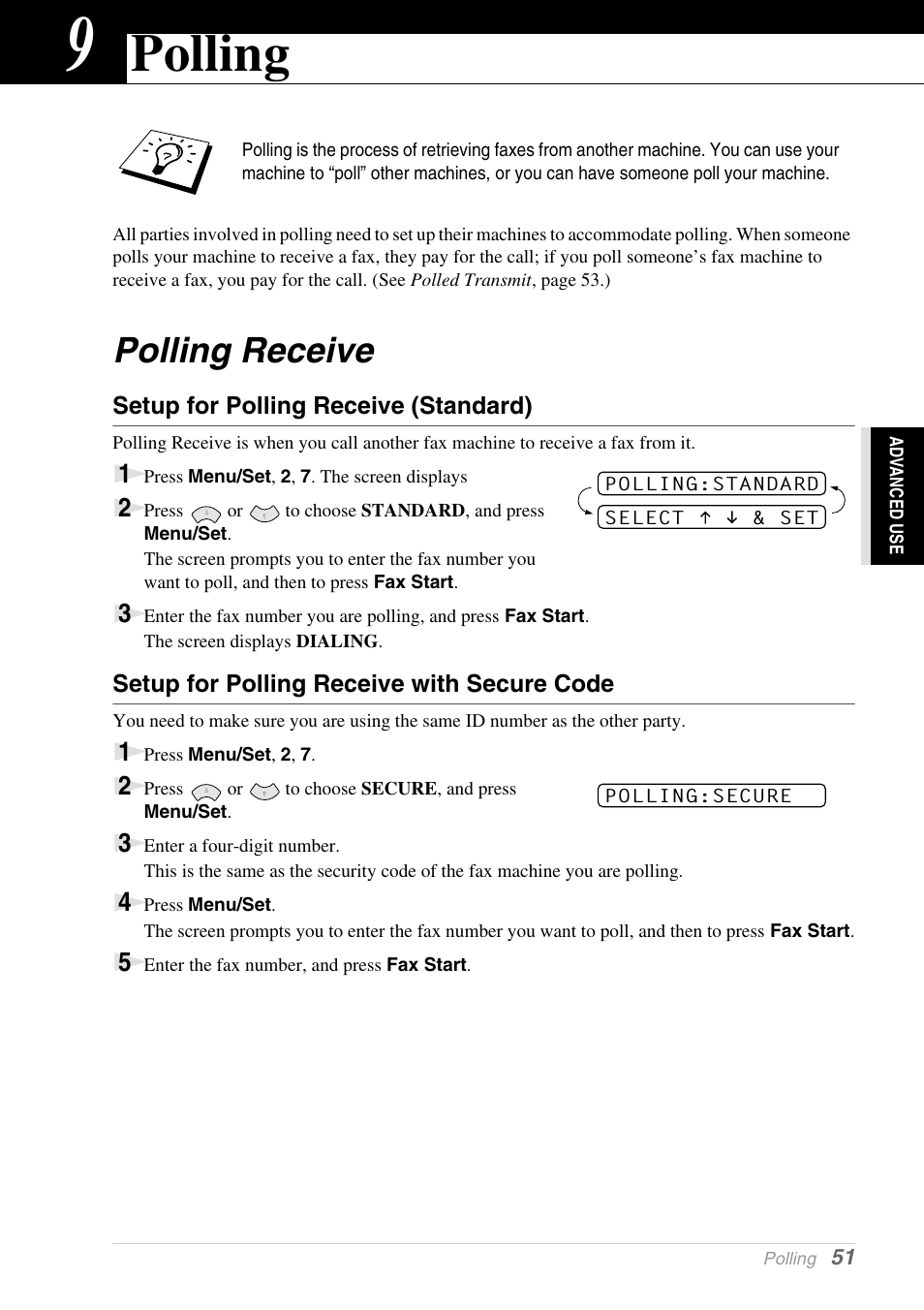 9 polling, Polling receive, Setup for polling receive (standard) | Setup for polling receive with secure code, Chapter 9, Polling | Brother 1030e User Manual | Page 57 / 108