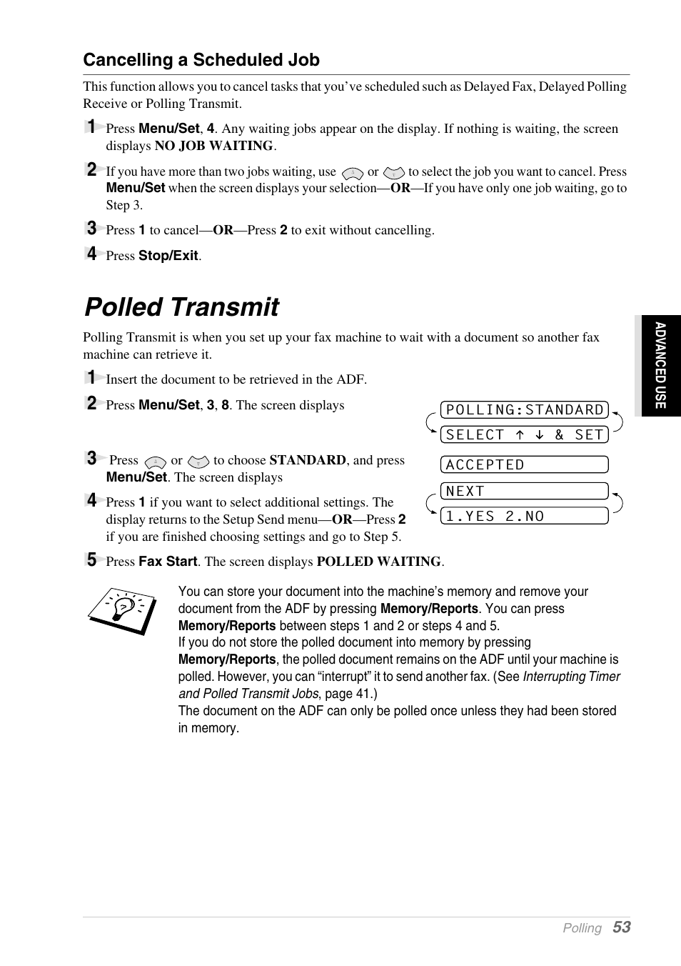 Cancelling a scheduled job, Polled transmit | Brother 1030e User Manual | Page 59 / 108