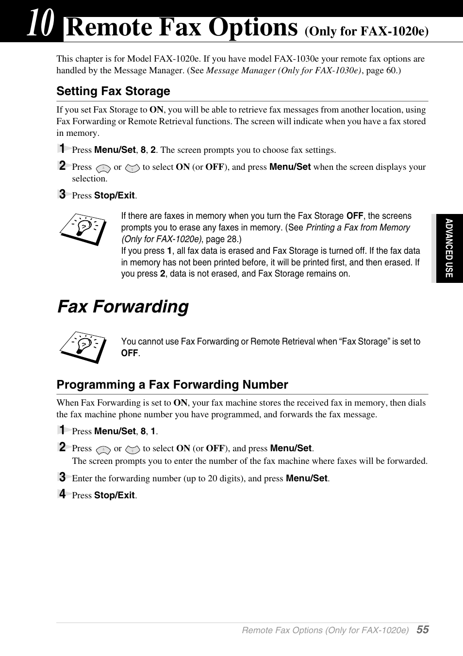 10 remote fax options (only for fax-1020e), Setting fax storage, Fax forwarding | Programming a fax forwarding number, Chapter 10, Remote fax options (only for fax-1020e), Remote fax options | Brother 1030e User Manual | Page 61 / 108