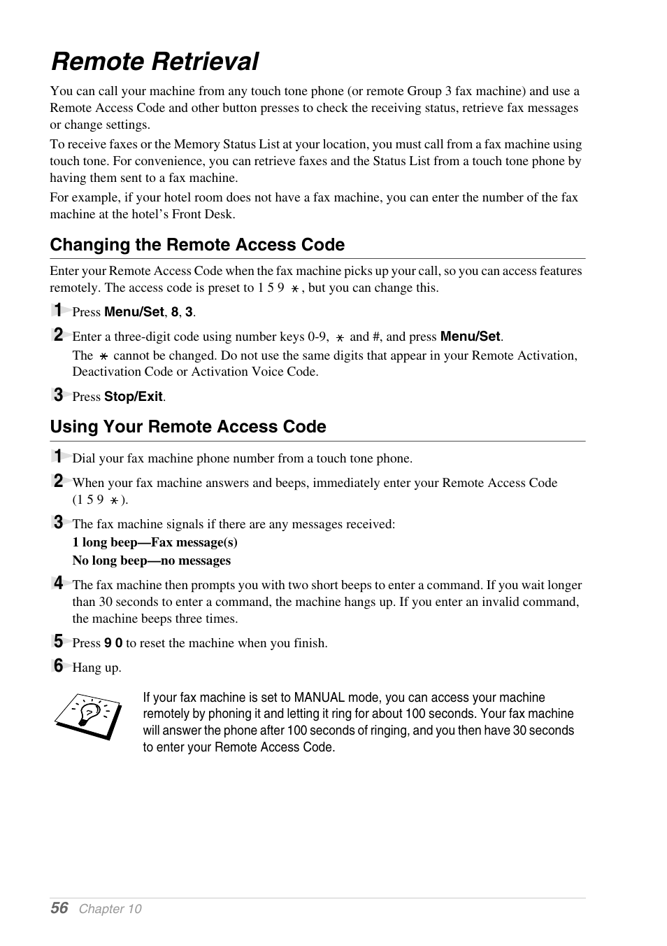 Remote retrieval, Changing the remote access code, Using your remote access code | Brother 1030e User Manual | Page 62 / 108