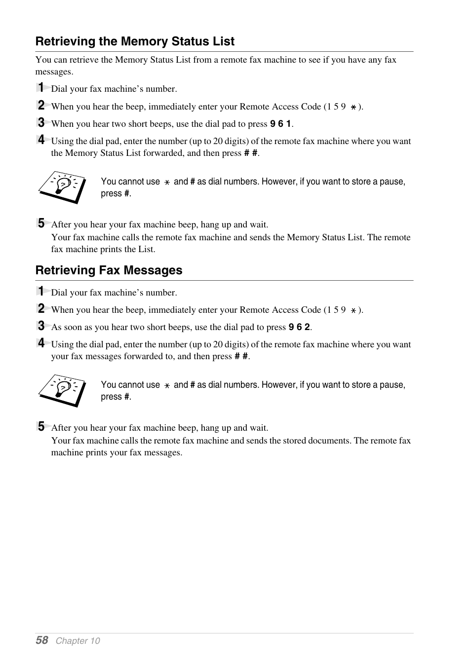 Retrieving the memory status list, Retrieving fax messages | Brother 1030e User Manual | Page 64 / 108