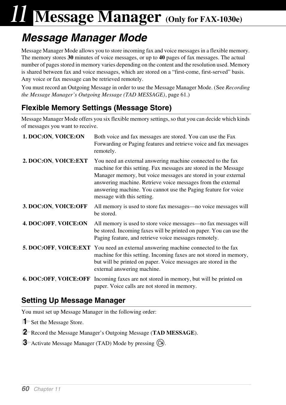 11 message manager (only for fax-1030e), Message manager mode, Flexible memory settings (message store) | Setting up message manager, Chapter 11, Message manager (only for fax-1030e), Message manager | Brother 1030e User Manual | Page 66 / 108