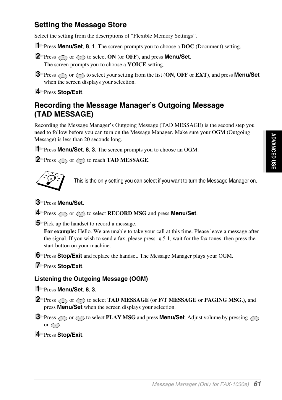 Setting the message store, Listening the outgoing message (ogm) | Brother 1030e User Manual | Page 67 / 108