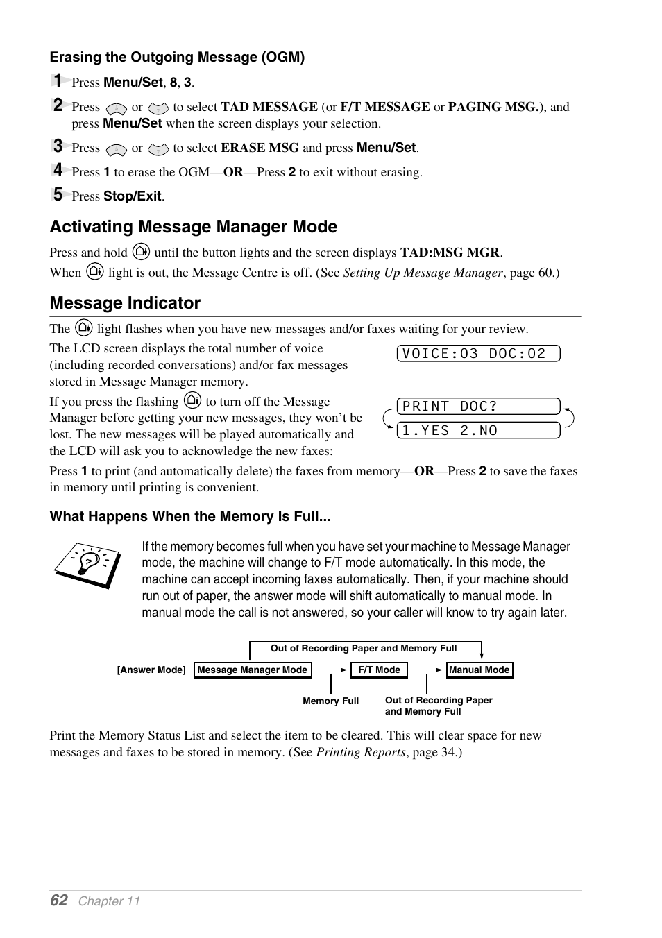 Erasing the outgoing message (ogm), Activating message manager mode, Message indicator | What happens when the memory is full | Brother 1030e User Manual | Page 68 / 108