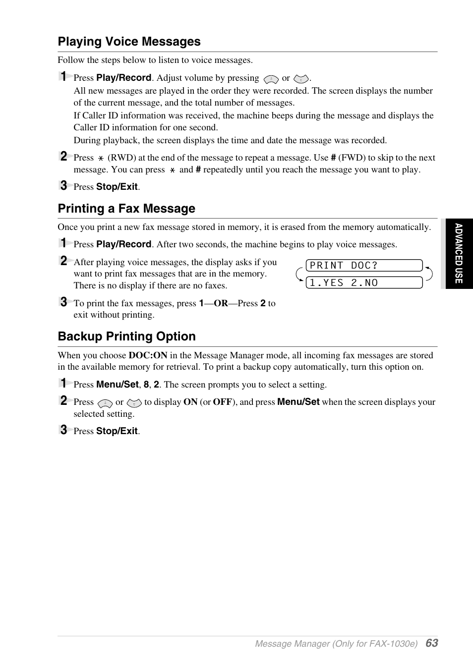 Playing voice messages, Printing a fax message, Backup printing option | Brother 1030e User Manual | Page 69 / 108