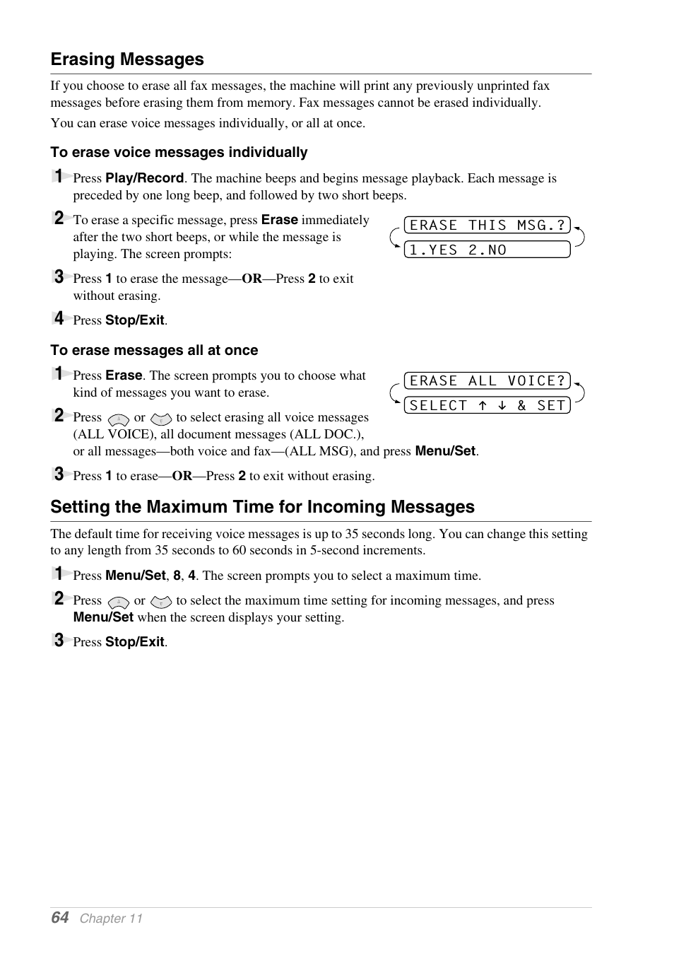 Erasing messages, To erase voice messages individually, To erase messages all at once | Setting the maximum time for incoming messages | Brother 1030e User Manual | Page 70 / 108