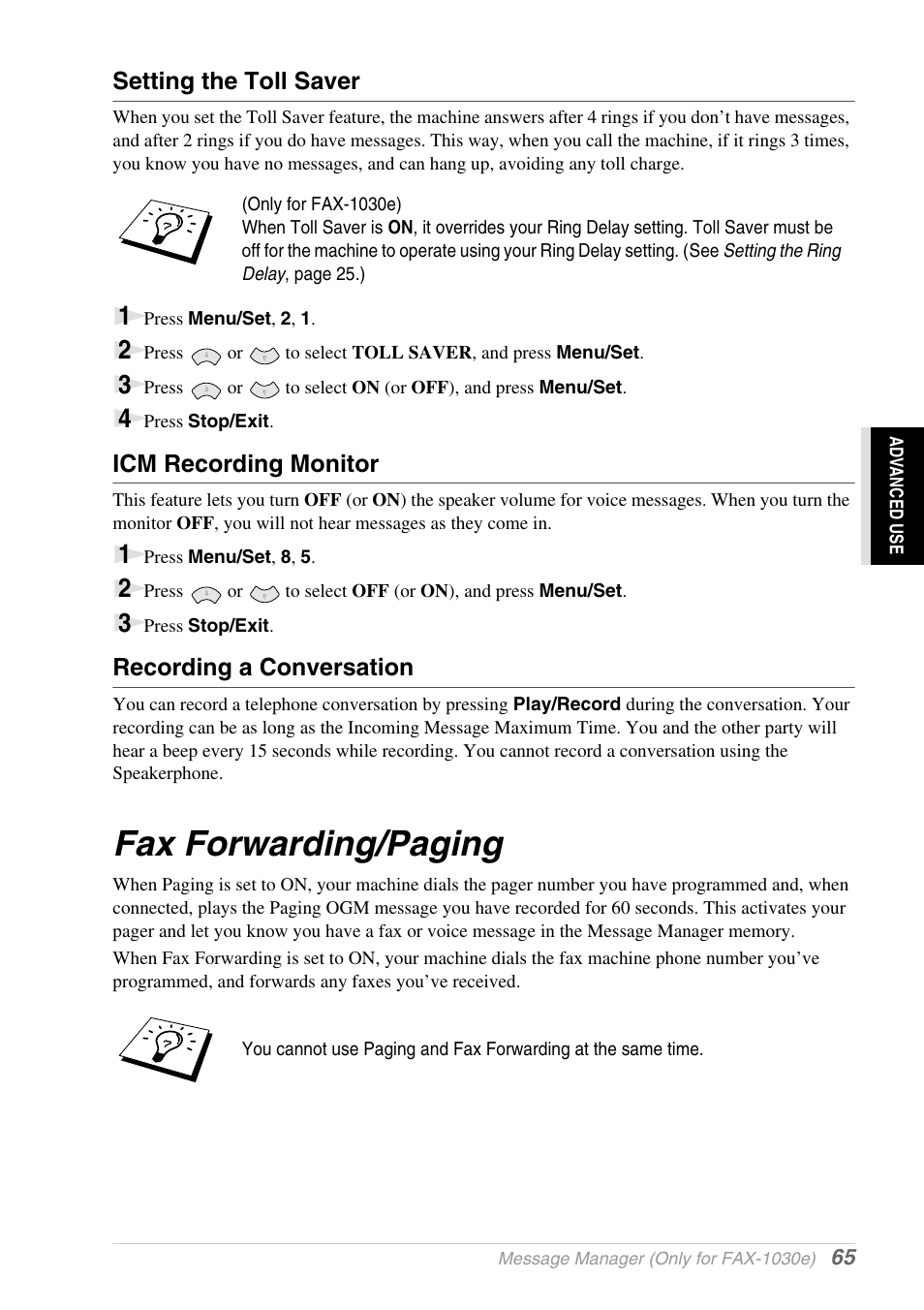 Setting the toll saver, Icm recording monitor, Recording a conversation | Fax forwarding/paging | Brother 1030e User Manual | Page 71 / 108