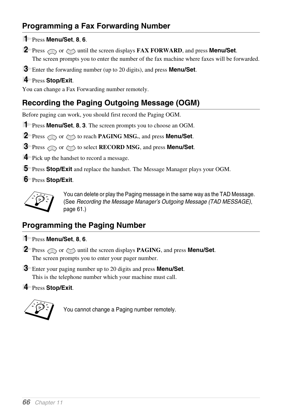 Programming a fax forwarding number, Recording the paging outgoing message (ogm), Programming the paging number | Brother 1030e User Manual | Page 72 / 108