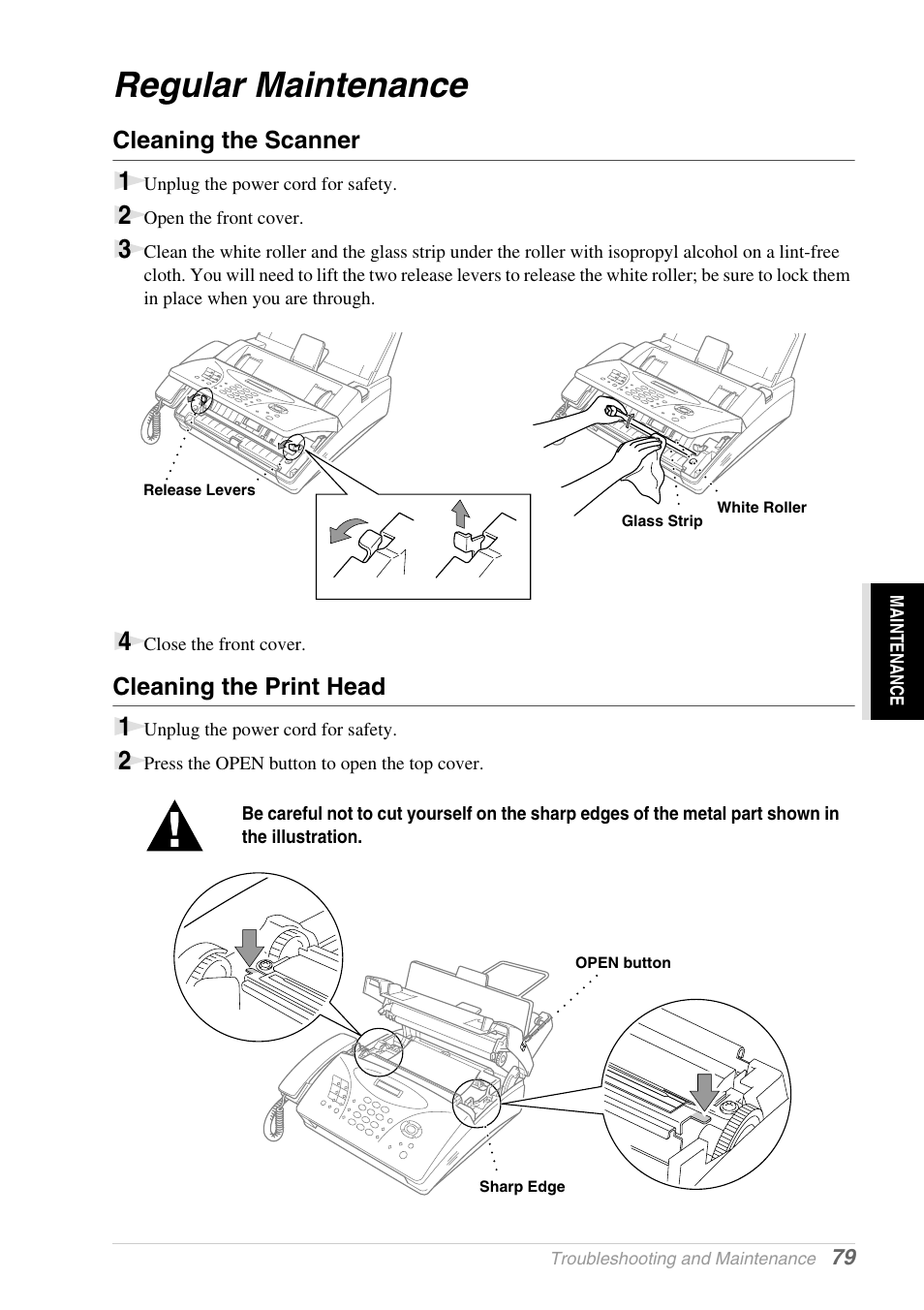 Regular maintenance, Cleaning the scanner, Cleaning the print head | Brother 1030e User Manual | Page 85 / 108