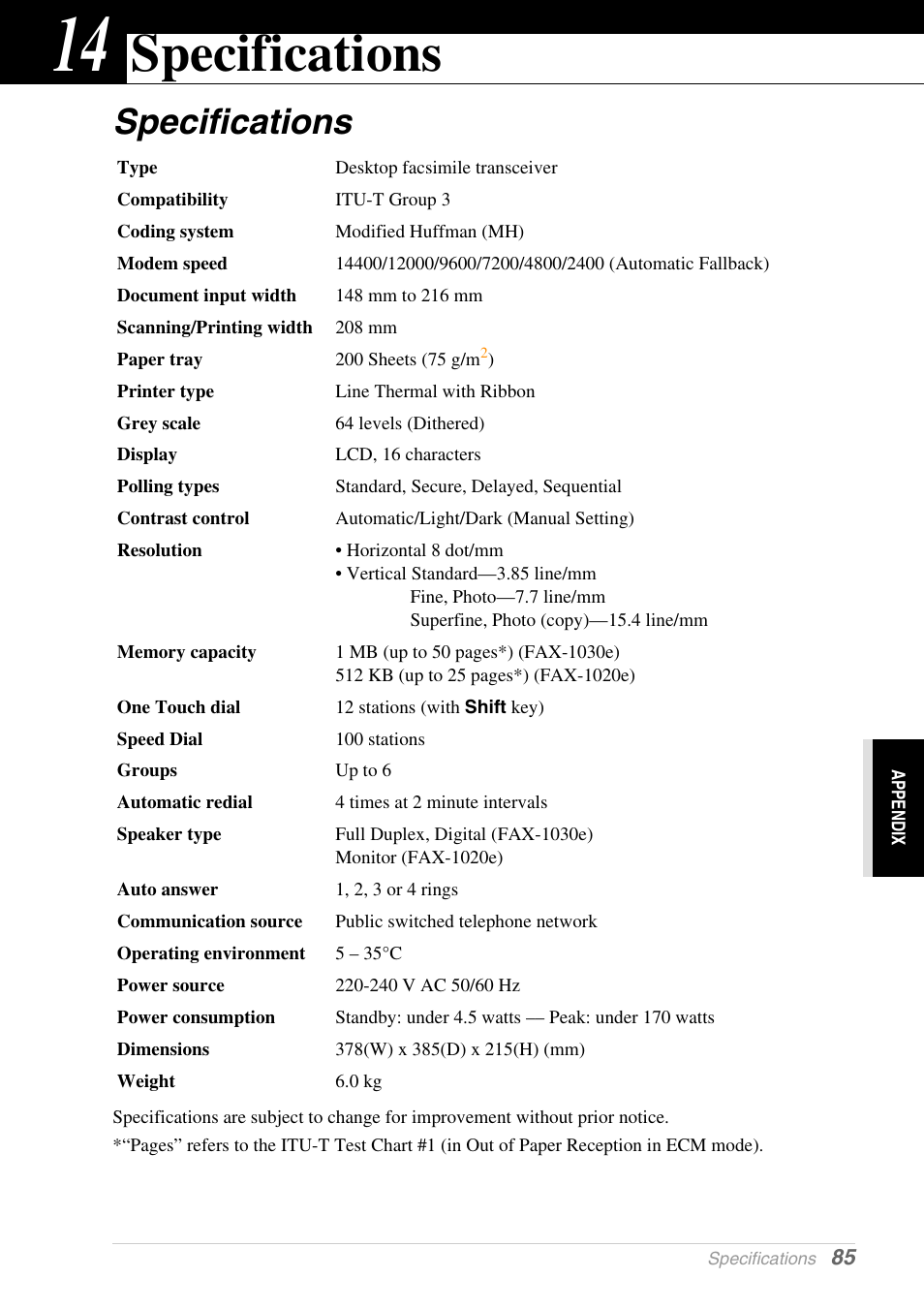 14 specifications, Specifications, Chapter 14 | Brother 1030e User Manual | Page 91 / 108