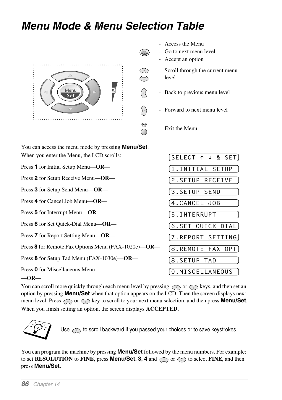 Menu mode & menu selection table, Appendix of this manual. (see | Brother 1030e User Manual | Page 92 / 108