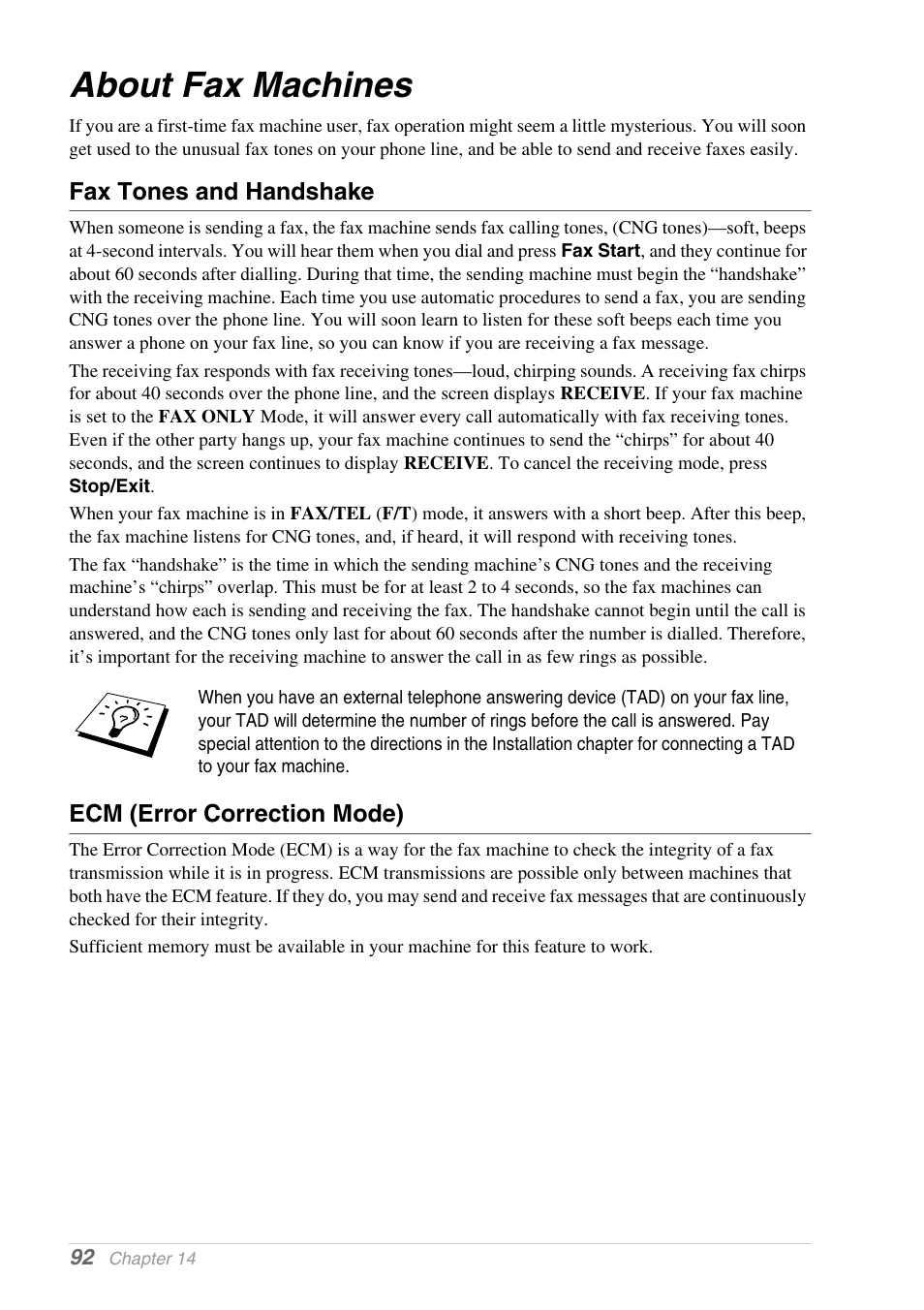 About fax machines, Fax tones and handshake, Ecm (error correction mode) | Brother 1030e User Manual | Page 98 / 108