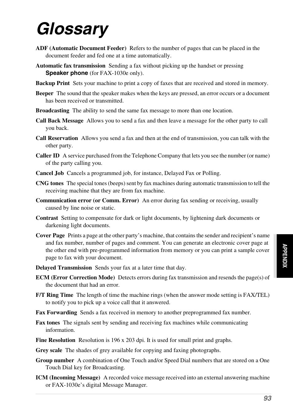 Glossary | Brother 1030e User Manual | Page 99 / 108