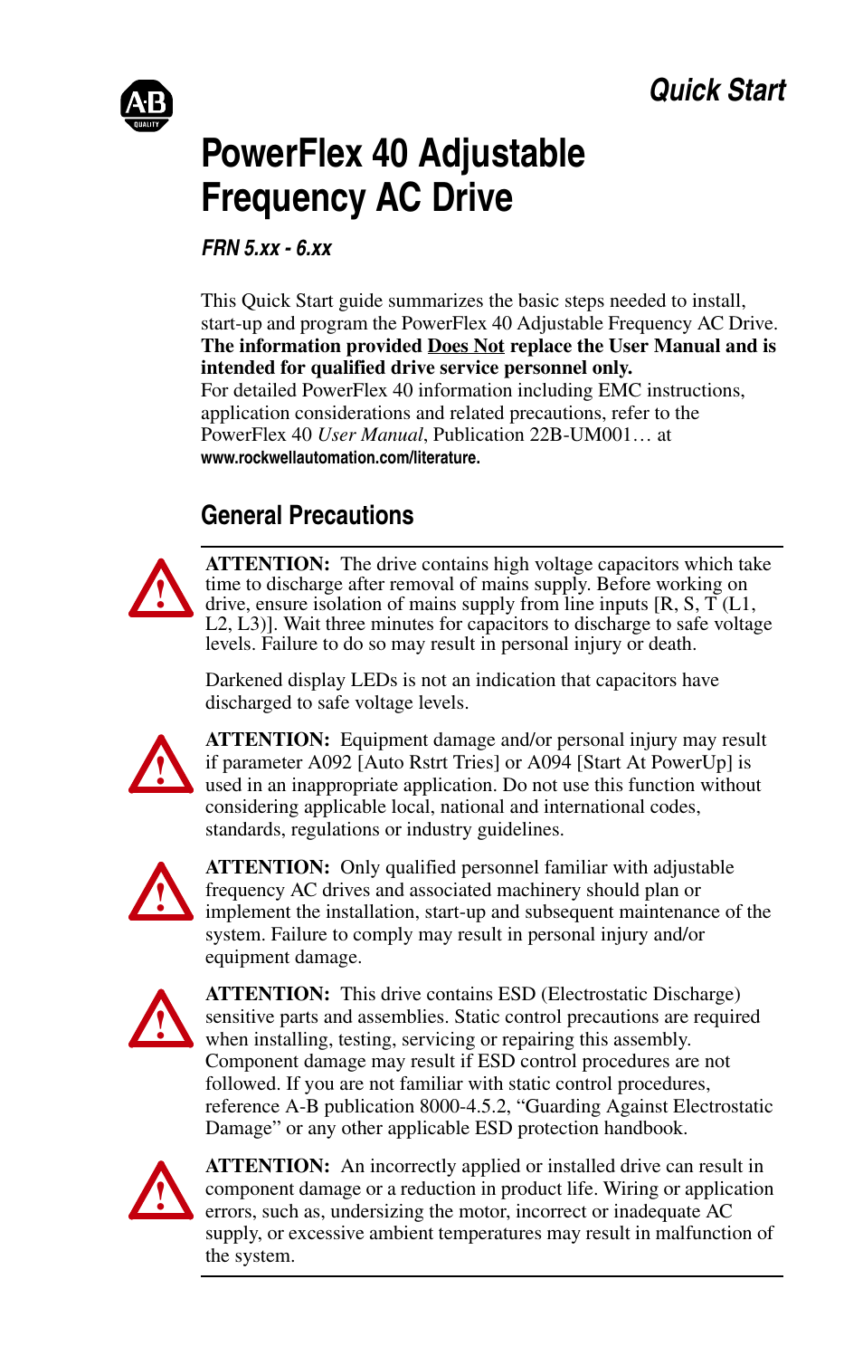 Rockwell Automation 22B PowerFlex 40 Quick Start FRN 5.xx - 6.xx User Manual | 22 pages