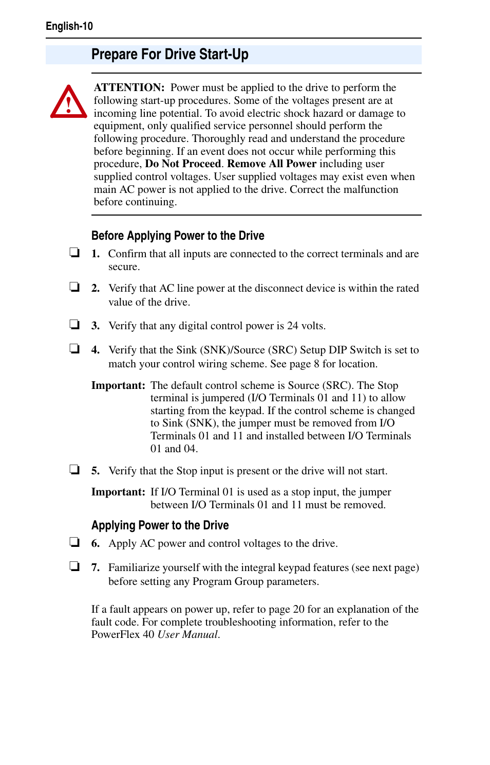 Prepare for drive start-up | Rockwell Automation 22B PowerFlex 40 Quick Start FRN 5.xx - 6.xx User Manual | Page 10 / 22