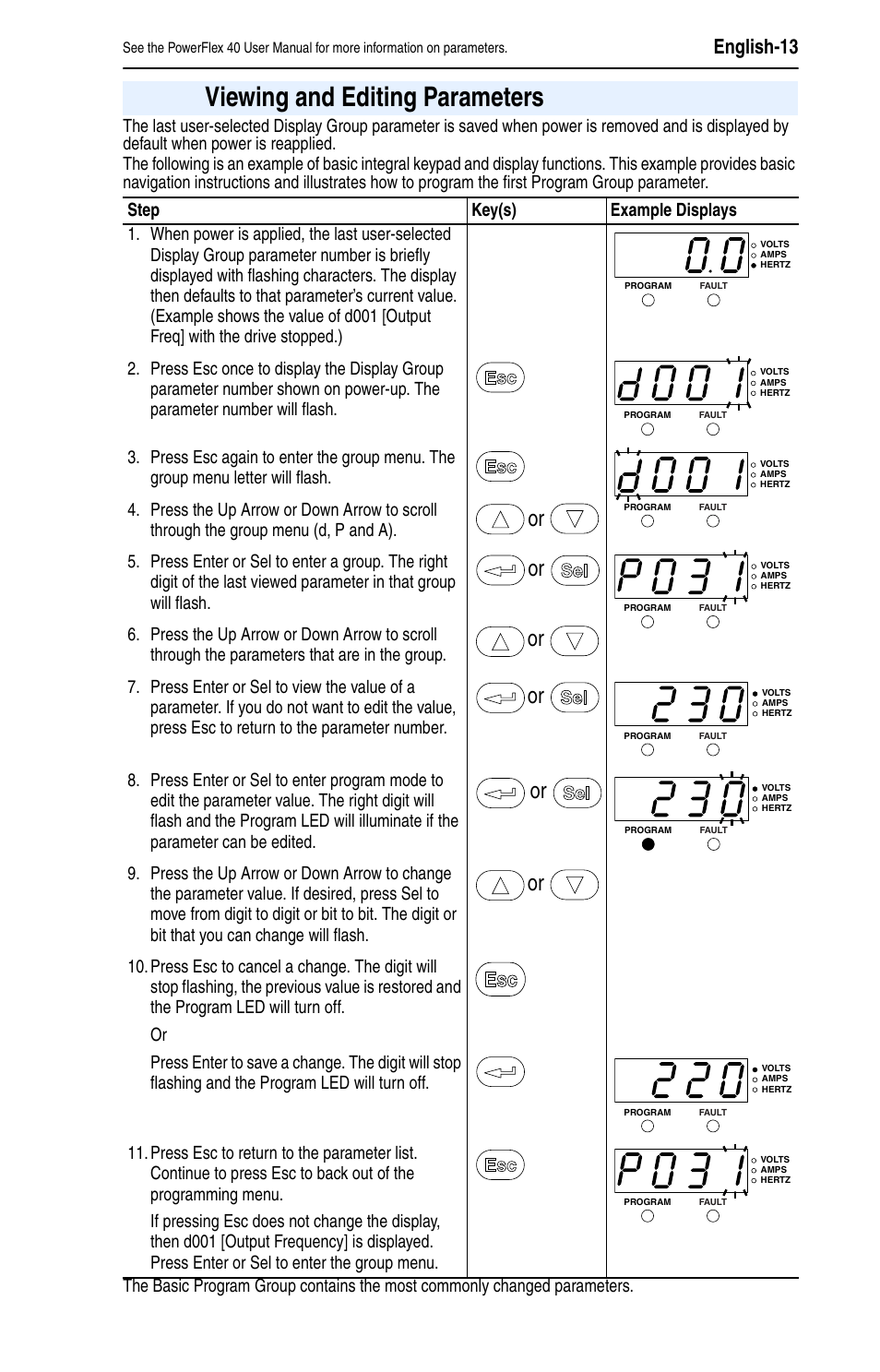 Viewing and editing parameters, English-13 | Rockwell Automation 22B PowerFlex 40 Quick Start FRN 5.xx - 6.xx User Manual | Page 13 / 22