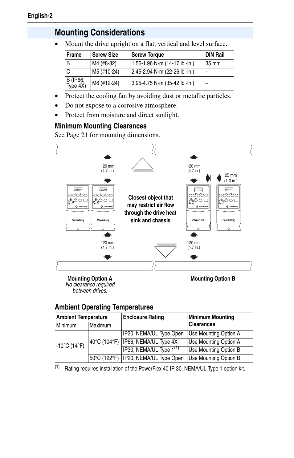 Mounting considerations, Minimum mounting clearances, Ambient operating temperatures | Rockwell Automation 22B PowerFlex 40 Quick Start FRN 5.xx - 6.xx User Manual | Page 2 / 22