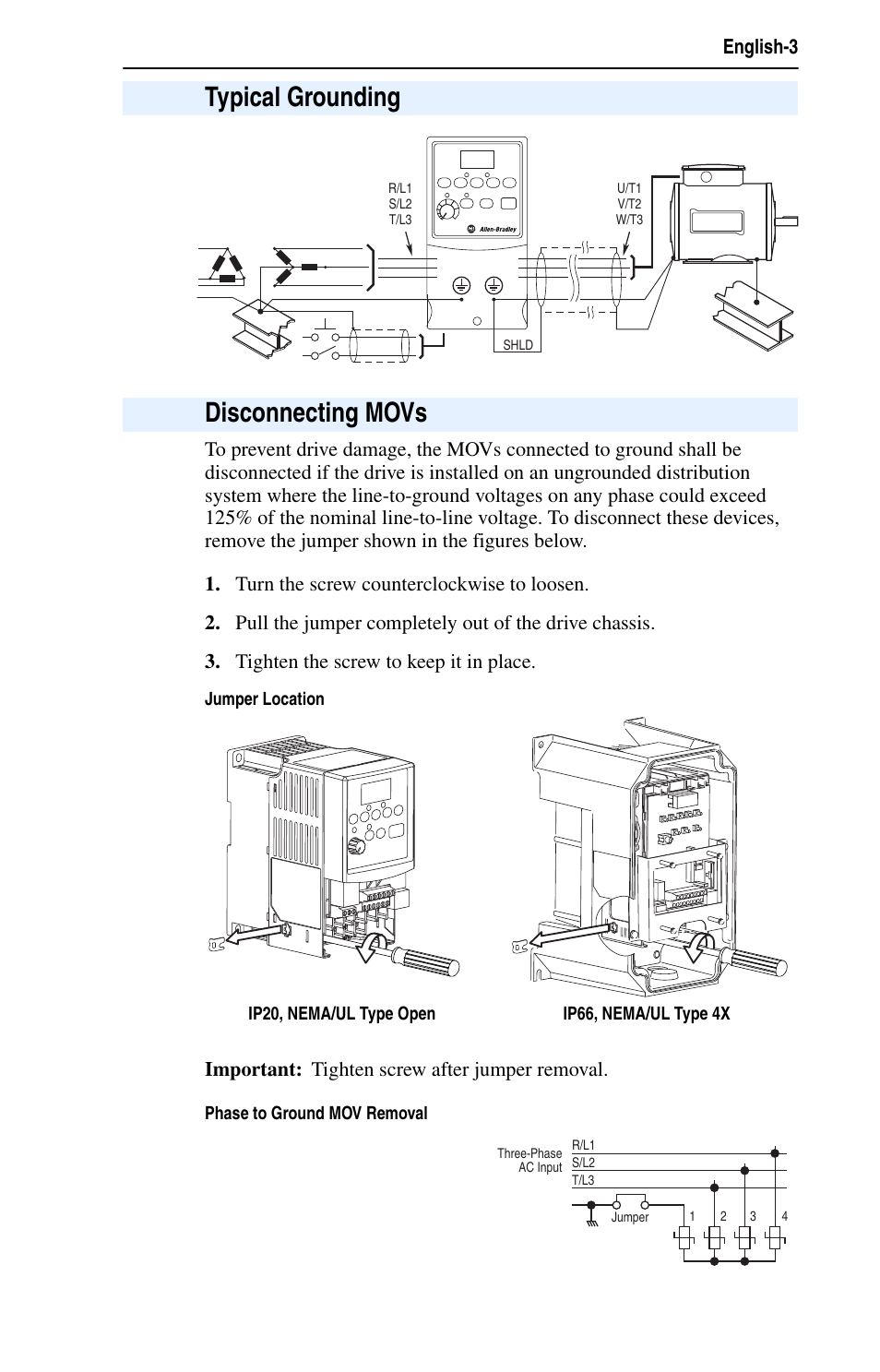 Typical grounding, Disconnecting movs, Important: tighten screw after jumper removal | Rockwell Automation 22B PowerFlex 40 Quick Start FRN 5.xx - 6.xx User Manual | Page 3 / 22