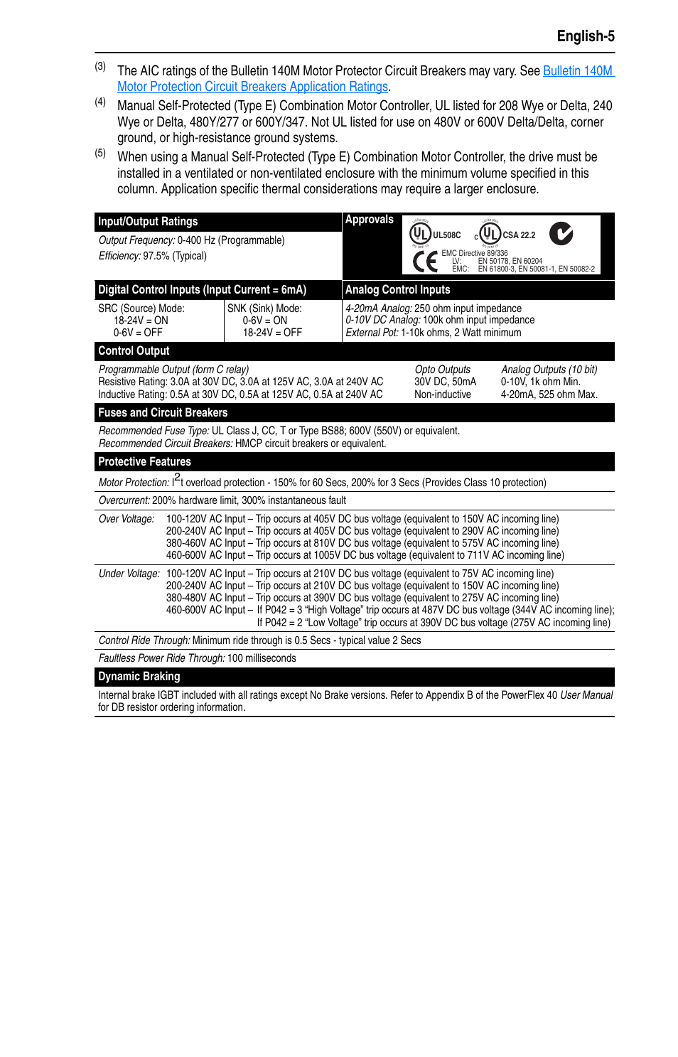English-5, Input/output ratings approvals, Control output | Fuses and circuit breakers, Protective features, Dynamic braking | Rockwell Automation 22B PowerFlex 40 Quick Start FRN 5.xx - 6.xx User Manual | Page 5 / 22