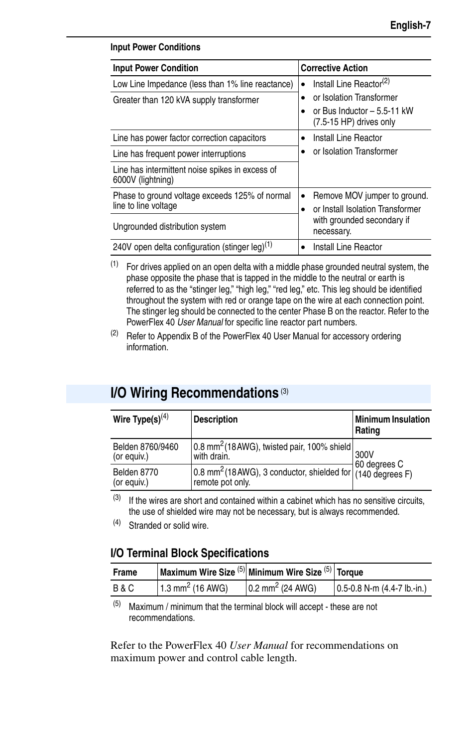 I/o wiring recommendations (3), I/o wiring recommendations, I/o terminal block specifications | English-7 | Rockwell Automation 22B PowerFlex 40 Quick Start FRN 5.xx - 6.xx User Manual | Page 7 / 22