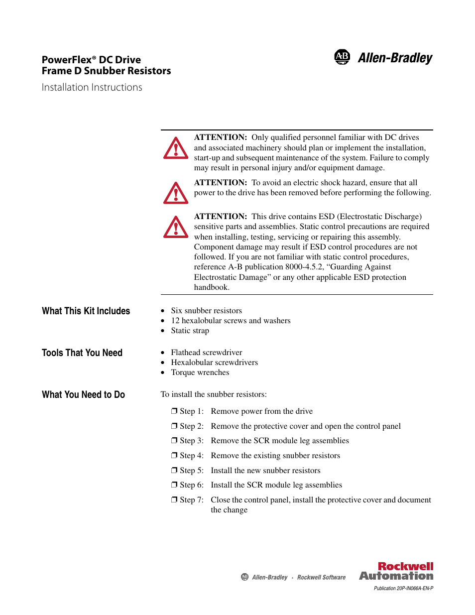 Rockwell Automation 20P PowerFlex DC Drive - Frame D Snubber Resistors User Manual | 10 pages