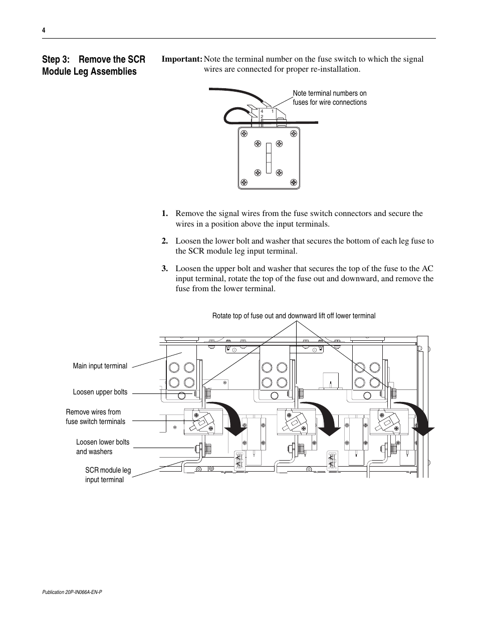 Step 3: remove the scr module leg assemblies | Rockwell Automation 20P PowerFlex DC Drive - Frame D Snubber Resistors User Manual | Page 4 / 10