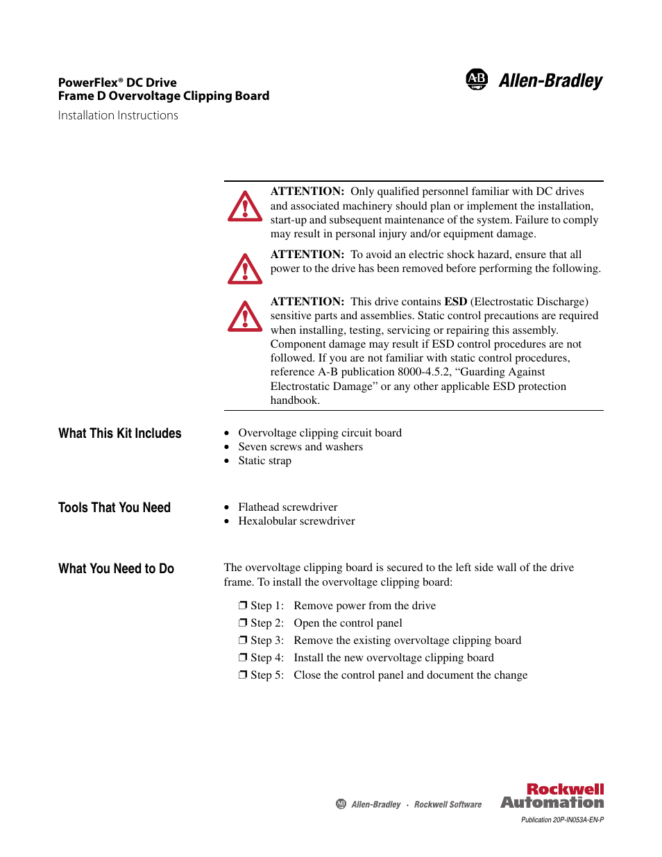 Rockwell Automation 20P PowerFlex DC Drive - Frame D Overvoltage Clipping Board User Manual | 4 pages