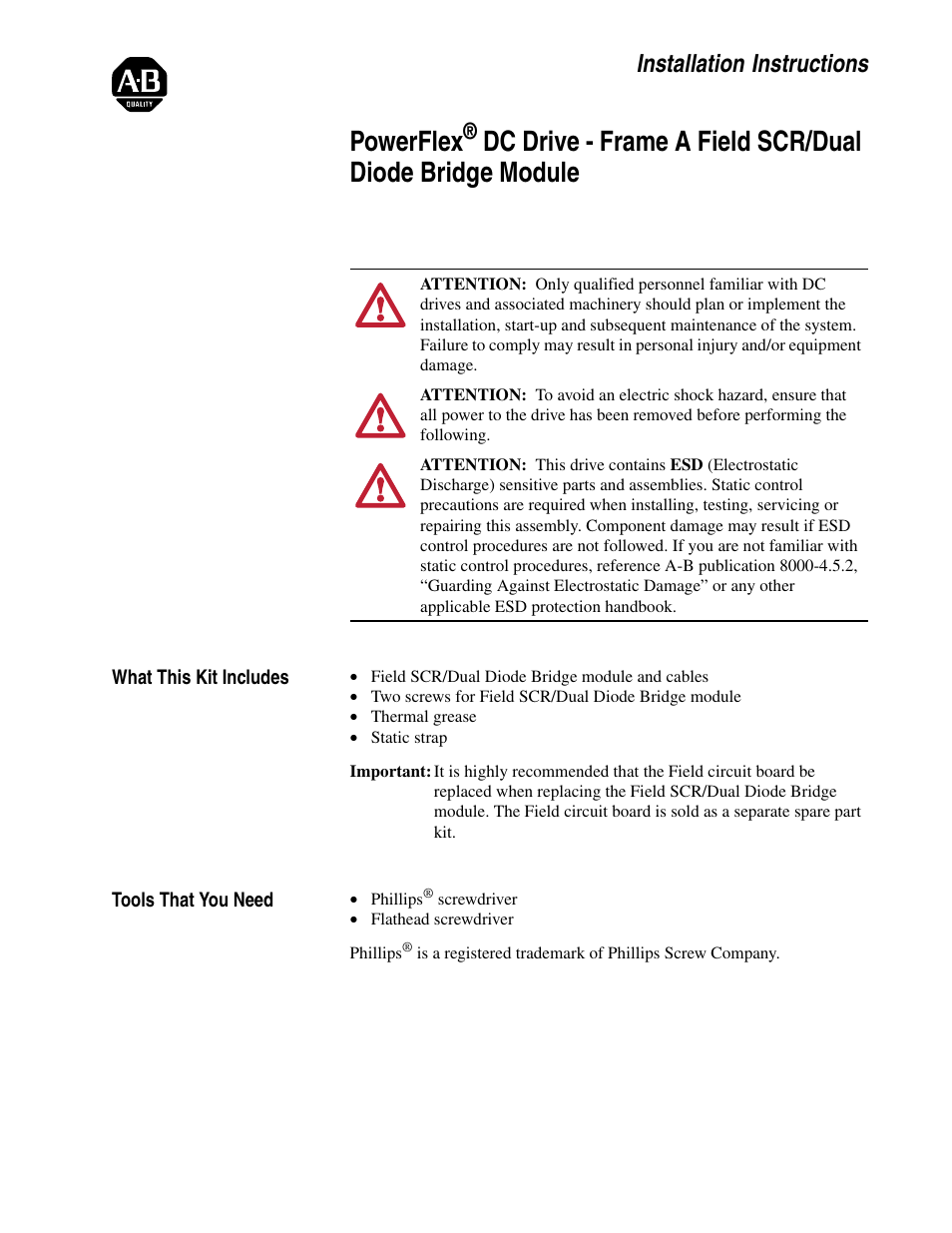 Rockwell Automation 20P PowerFlex DC Drive - Frame A Field SCR/Dual Diode Bridge Module User Manual | 14 pages