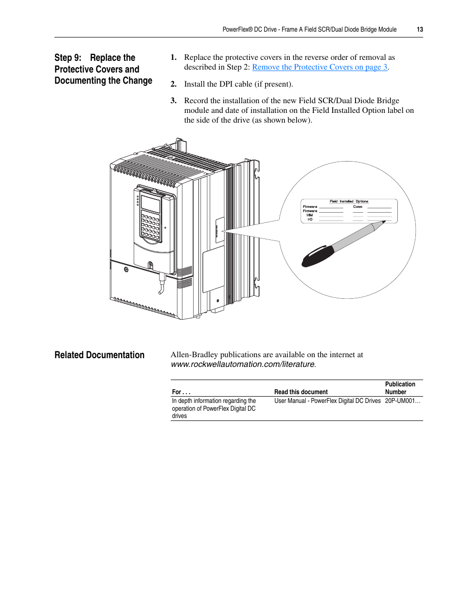 Related documentation | Rockwell Automation 20P PowerFlex DC Drive - Frame A Field SCR/Dual Diode Bridge Module User Manual | Page 13 / 14