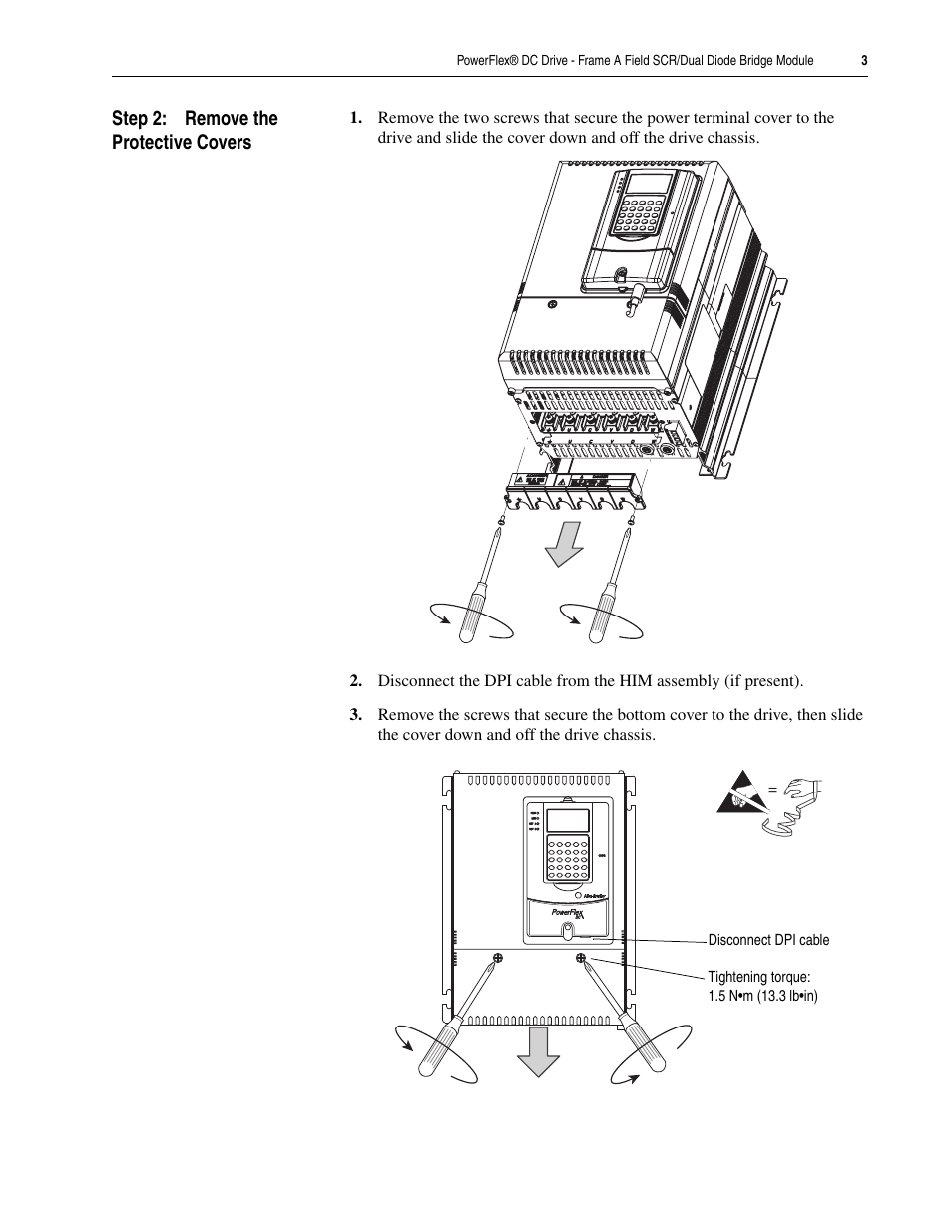 Step 2: remove the protective covers | Rockwell Automation 20P PowerFlex DC Drive - Frame A Field SCR/Dual Diode Bridge Module User Manual | Page 3 / 14