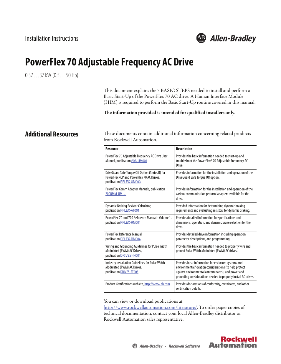 Rockwell Automation 20A PowerFlex 70 Adjustable Frequency AC Drive User Manual | 56 pages