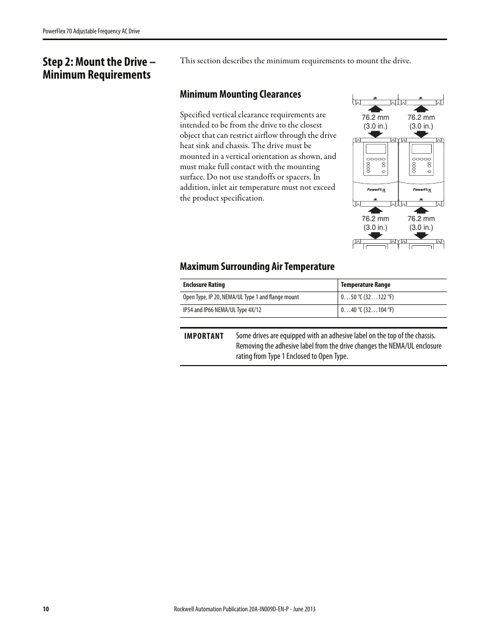 Step 2: mount the drive – minimum requirements, Minimum mounting clearances, Maximum surrounding air temperature | 10 maximum surrounding air temperature | Rockwell Automation 20A PowerFlex 70 Adjustable Frequency AC Drive User Manual | Page 10 / 56
