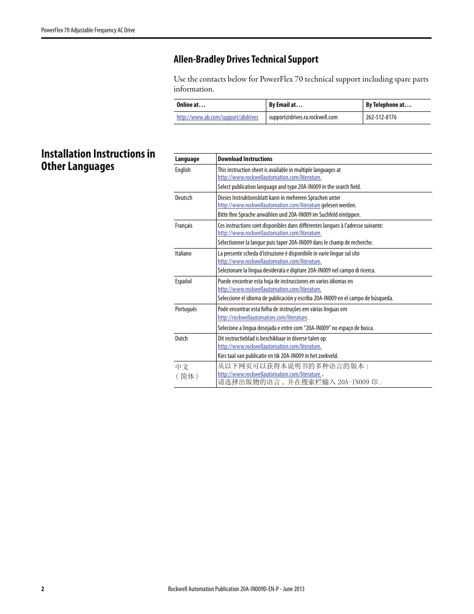 Allen-bradley drives technical support, Installation instructions in other languages | Rockwell Automation 20A PowerFlex 70 Adjustable Frequency AC Drive User Manual | Page 2 / 56