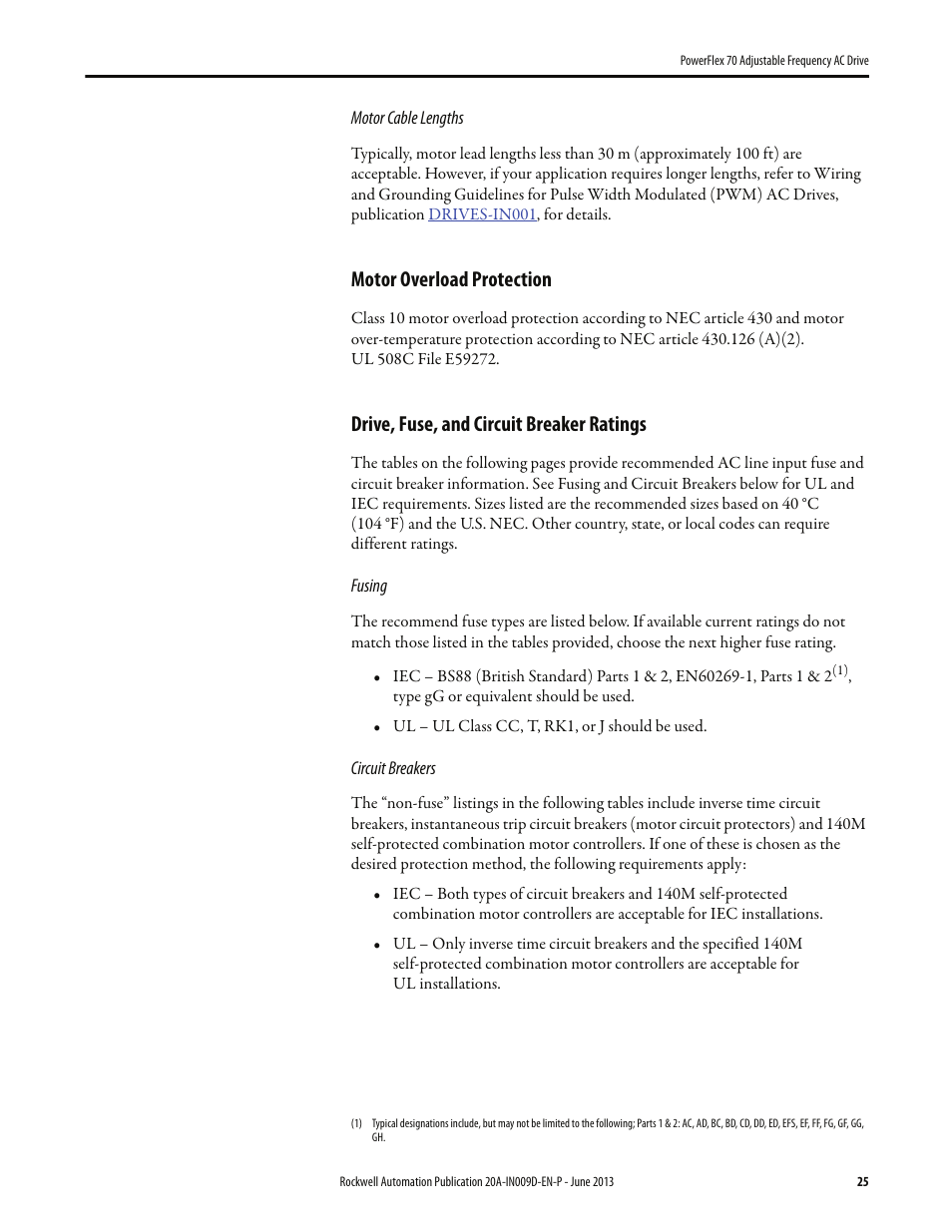 Motor overload protection, Drive, fuse, and circuit breaker ratings, 25 drive, fuse, and circuit breaker ratings | Ied in | Rockwell Automation 20A PowerFlex 70 Adjustable Frequency AC Drive User Manual | Page 25 / 56