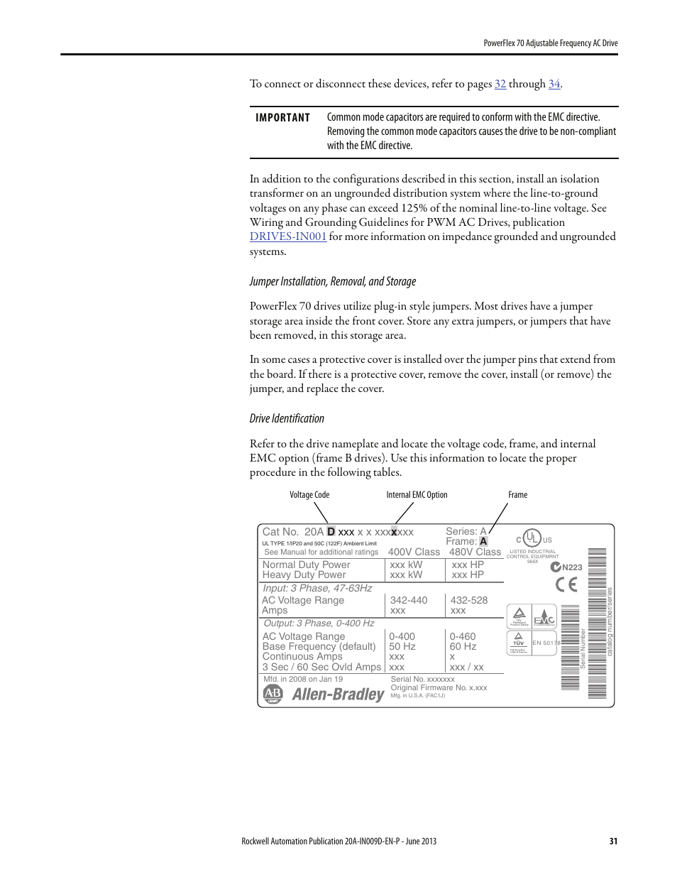 Jumper installation, removal, and storage, Drive identification | Rockwell Automation 20A PowerFlex 70 Adjustable Frequency AC Drive User Manual | Page 31 / 56