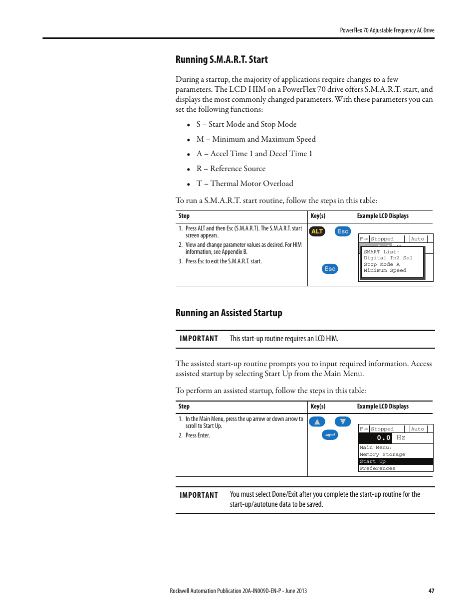 Running s.m.a.r.t. start, Running an assisted startup, 47 running an assisted startup | Running s.m.a.r.t. start on, Running an assisted startup on | Rockwell Automation 20A PowerFlex 70 Adjustable Frequency AC Drive User Manual | Page 47 / 56