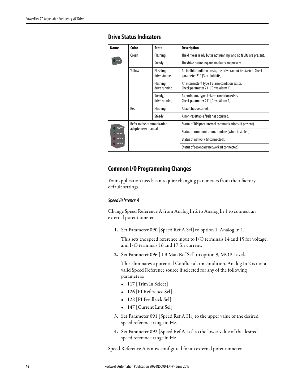 Drive status indicators, Common i/o programming changes, 48 common i/o programming changes | Drive status, Speed reference a | Rockwell Automation 20A PowerFlex 70 Adjustable Frequency AC Drive User Manual | Page 48 / 56