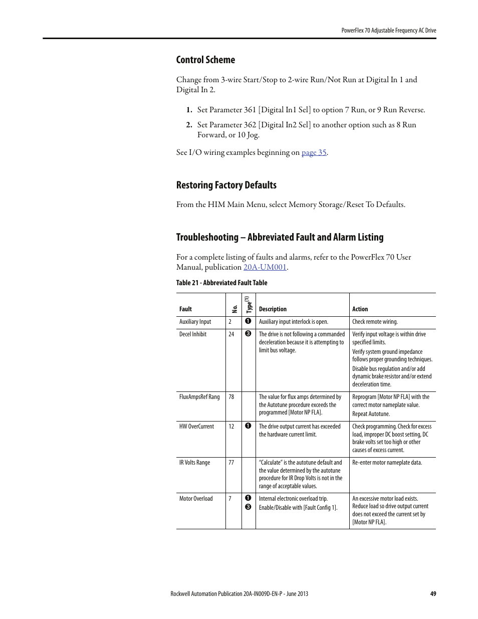 Control scheme, Restoring factory defaults, 49 restoring factory defaults | And r | Rockwell Automation 20A PowerFlex 70 Adjustable Frequency AC Drive User Manual | Page 49 / 56