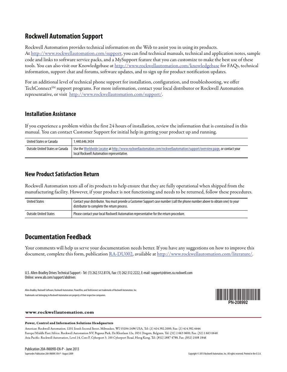 Back cover, Rockwell automation support, Documentation feedback | Installation assistance, New product satisfaction return | Rockwell Automation 20A PowerFlex 70 Adjustable Frequency AC Drive User Manual | Page 56 / 56