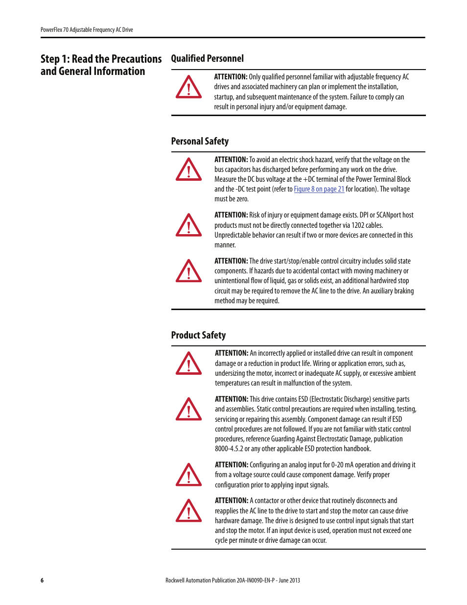 Qualified personnel, Personal safety, Product safety | Rockwell Automation 20A PowerFlex 70 Adjustable Frequency AC Drive User Manual | Page 6 / 56