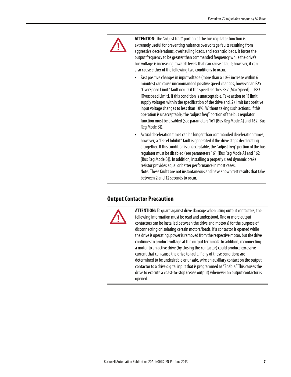 Output contactor precaution | Rockwell Automation 20A PowerFlex 70 Adjustable Frequency AC Drive User Manual | Page 7 / 56