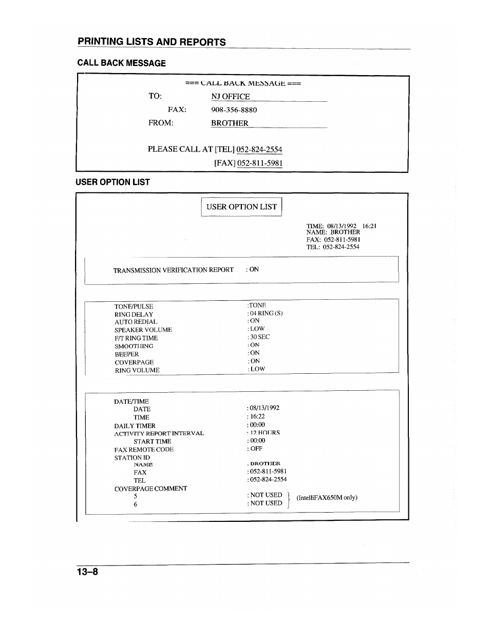 Printing lists and reports, Name brother | Brother INTELLIFAX 600 User Manual | Page 110 / 122