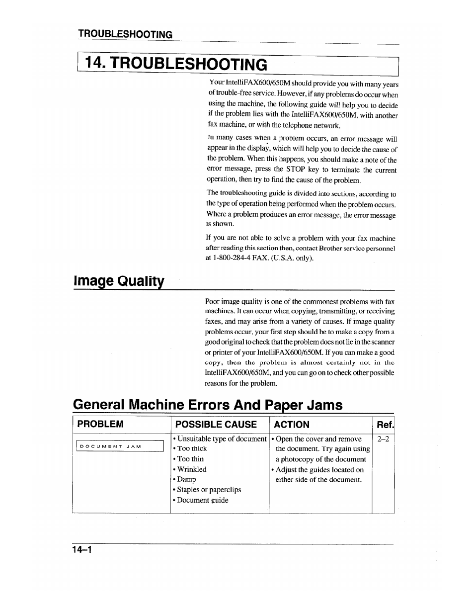 Troubleshooting, Image quality, Image quality -1 | General machine errors and paper jams | Brother INTELLIFAX 600 User Manual | Page 112 / 122