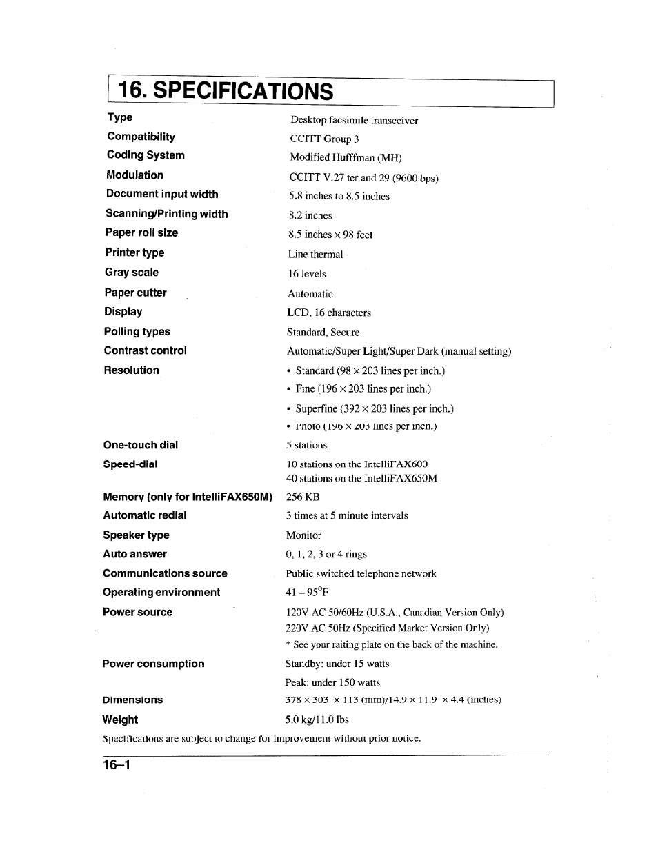 Specifications | Brother INTELLIFAX 600 User Manual | Page 118 / 122