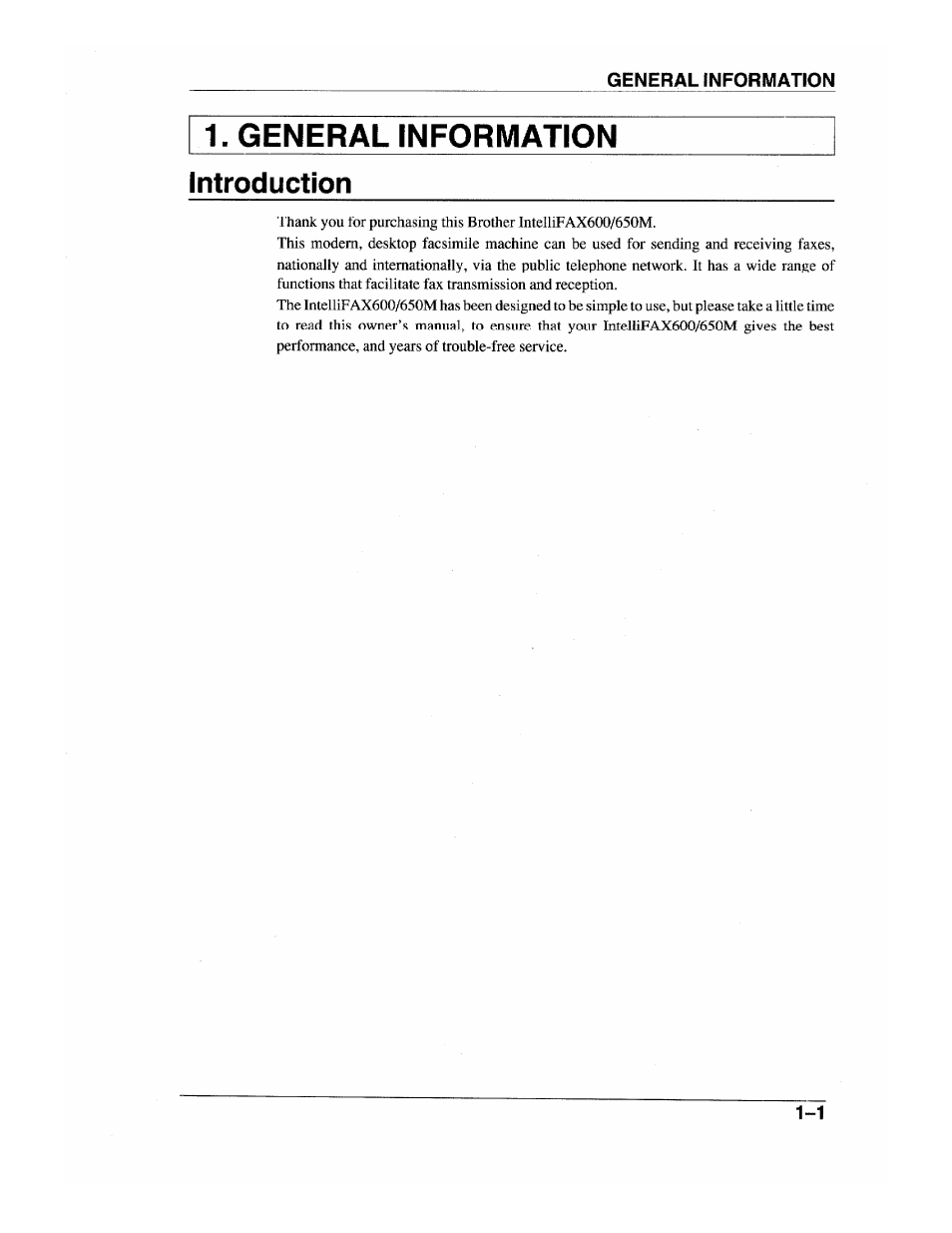 General information, Introduction, Introduction -1 | General information introduction | Brother INTELLIFAX 600 User Manual | Page 15 / 122