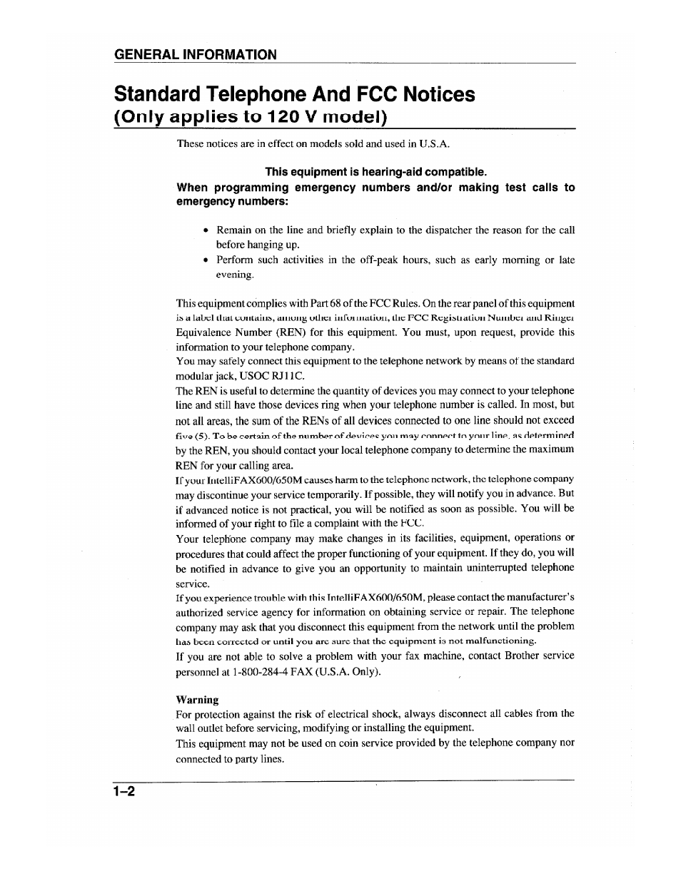 Standard telephone and fcc notices, Standardtelephone and fcc notices -2, Only applies to 120 v model) | Brother INTELLIFAX 600 User Manual | Page 16 / 122